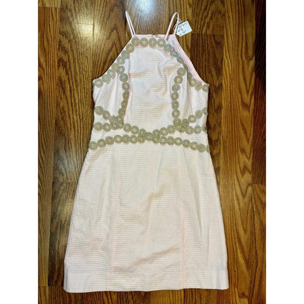 Lilly Pulitzer Halter Seersucker Dress Preppy Soutache Gold Trim 0 Pink 28998